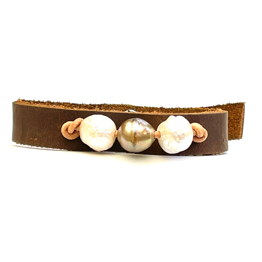 rawhide leather and pearl bracelet